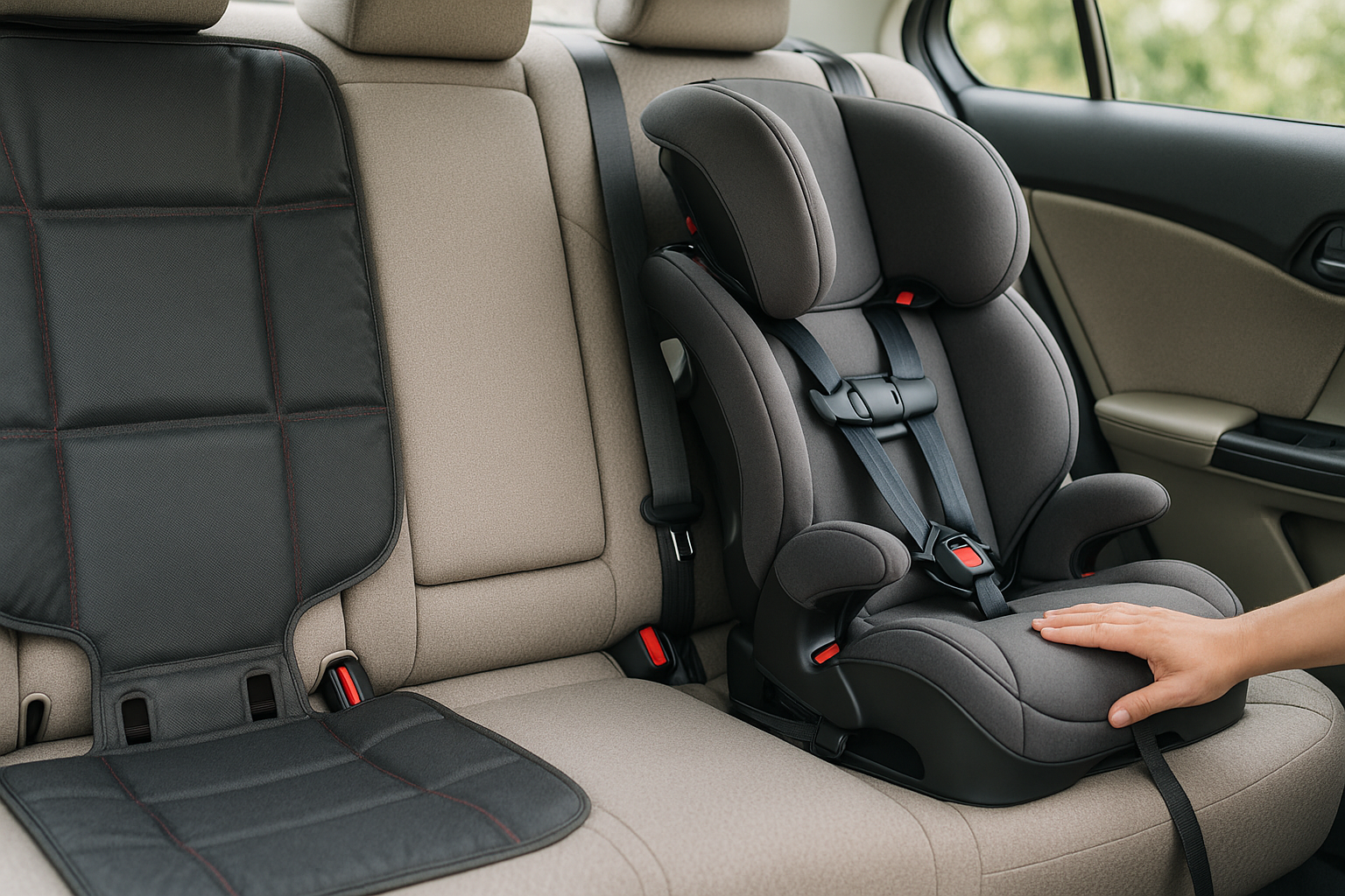 Low-bulk vehicle seat cover with visible LATCH/buckle cutouts; adjacent CRS belt path clear; no interference with installation